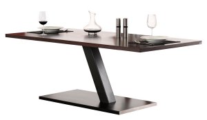 Einbein-Esstisch mit Stahl-Tischbein und robuster Holztischplatte