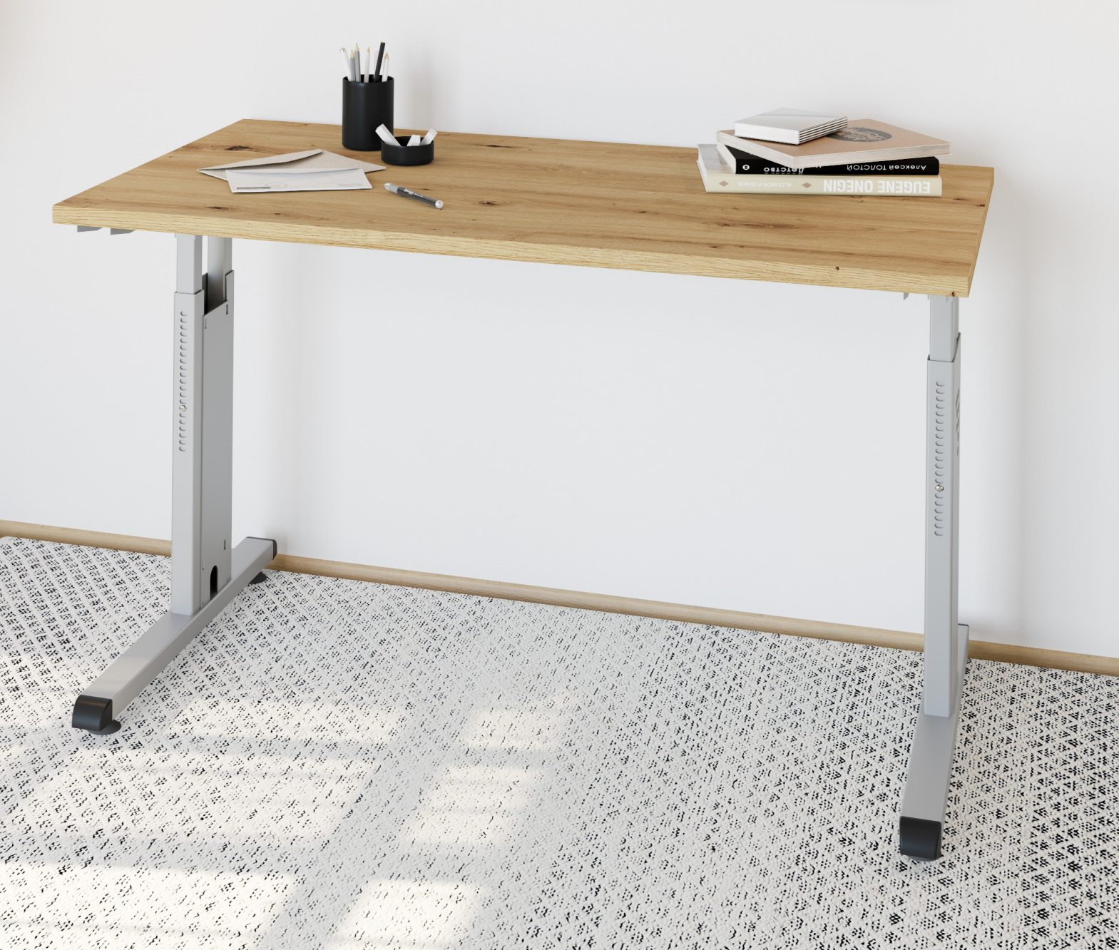 kleiner höhenverstellbarer Schreibtisch mit großem Kabelkanal geringe Stelltiefe für Homeoffice
