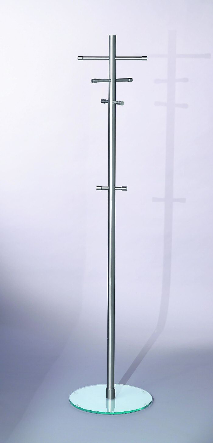 Design-Garderobenständer aus Edelstahl mit runder Glas-Bodenplatte