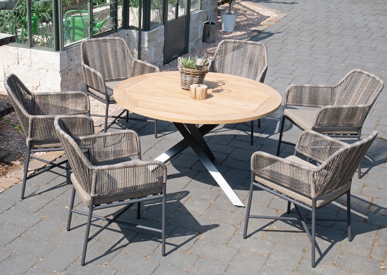 runder Gartentisch Edelstahl-Tischgestell wetterfeste Teakholz-Tischplatte
