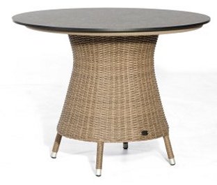 moderner-hochwertiger-wetterfester Geflechtgartentisch mit runder Tischplatte