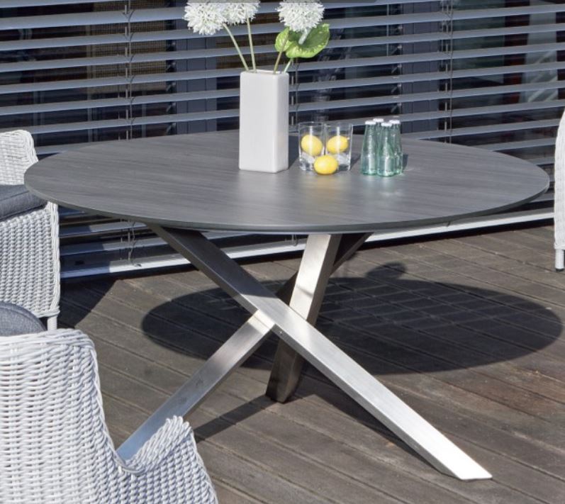 runder Gartentisch mit HPL-Tischplatte im Vintage-Look