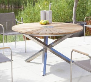 runder Gartentisch Edelstahl-Tischgestell Old Teak-Tischplatte