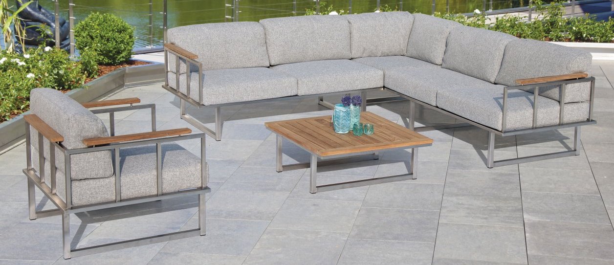 Außenbereich-Sitzgruppe: Outdoor-Couchtisch, Garten-Ecksofa mit Polsterkissen strapazierfähig