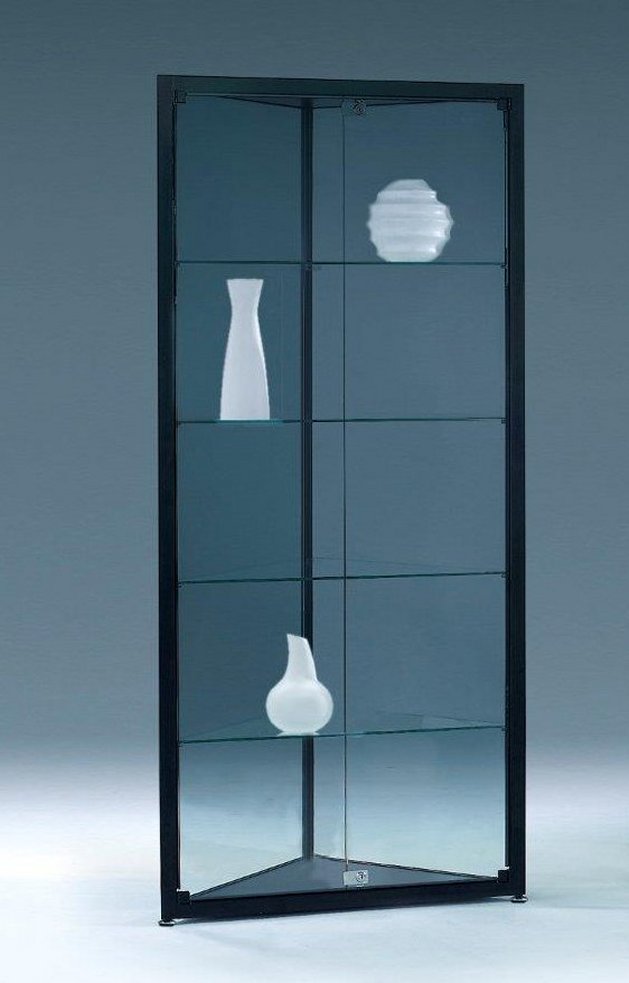 schwarze Dreieck-Standvitrine Seitenschenkel aus Spiegelglas