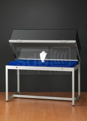 Tischvitrine mit aufklappbarer Glashaube und Gasdruckfedern-Öffnung