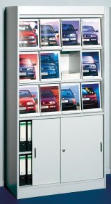 Werbeprospektschrank mit Klappfächer und Unterschrank