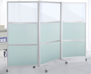 Hygieneschutz-Raumteiler aus Echtglas mit Faltarme Laufrollen
