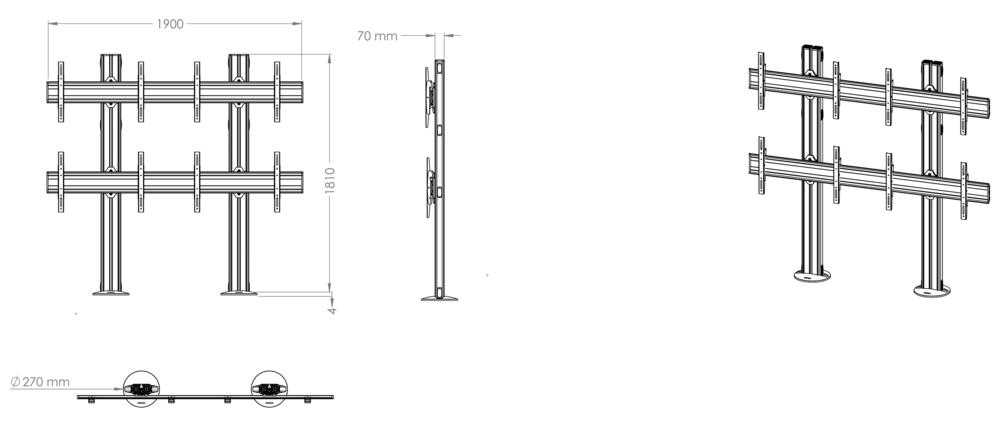 Videowall mit 4 Flachbildschirme an 2 Metallsäulen zur festen Bodenmontage