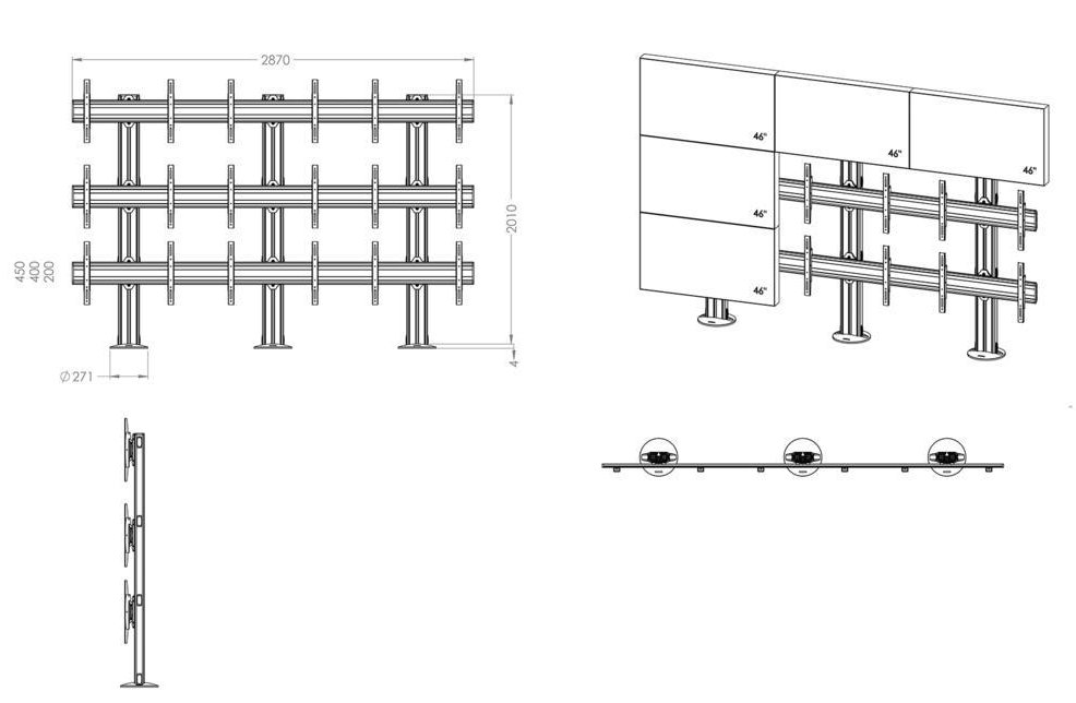 Videowall mit 9 Flatscreens zur fixen Bodenmontage