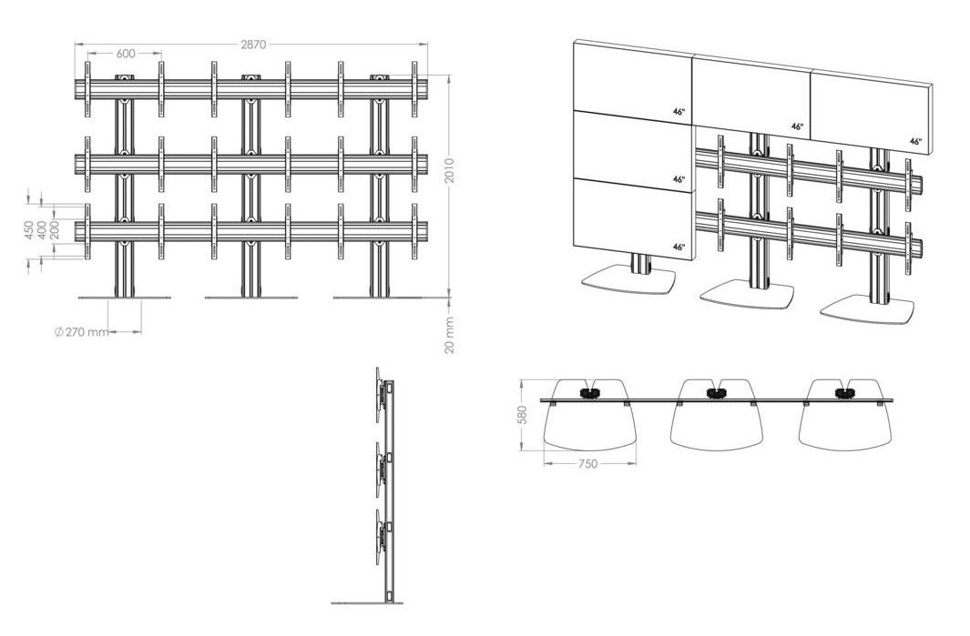 Videowall mit 9 Flachbildschirmen an 3 robusten Metallsäulen